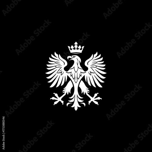 Regal crowned eagle in heraldic style, a majestic bird of prey symbol of power and nobility on a black background. Vector illustration.