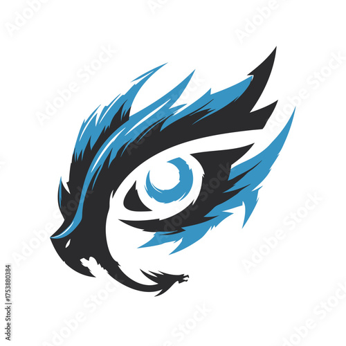 Stylized fierce eye graphic in blue and black, predatory vision symbol, modern abstract digital design, sharp look vector art