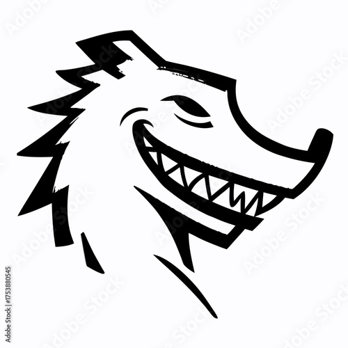 Stylized black and white vector graphic of a grinning wild canine head with sharp teeth, mischievous cartoon animal illustration.