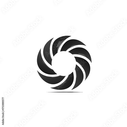 Modern abstract black geometric circular logo element icon, resembling a camera aperture or turbine, on a clean white background.