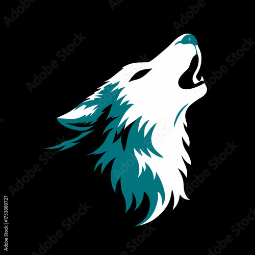 Stylized Howling Wolf Head Illustration in White and Teal on Black Background - Wild Animal Graphic Design