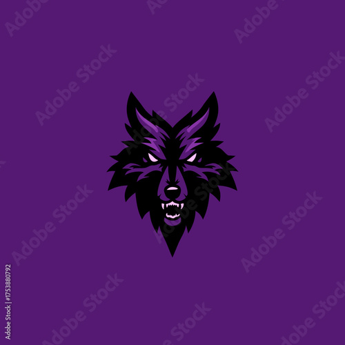 Fierce purple wolf head mascot vector illustration, angry predatory animal graphic design for esports, gaming, team logo, or powerful brand identity