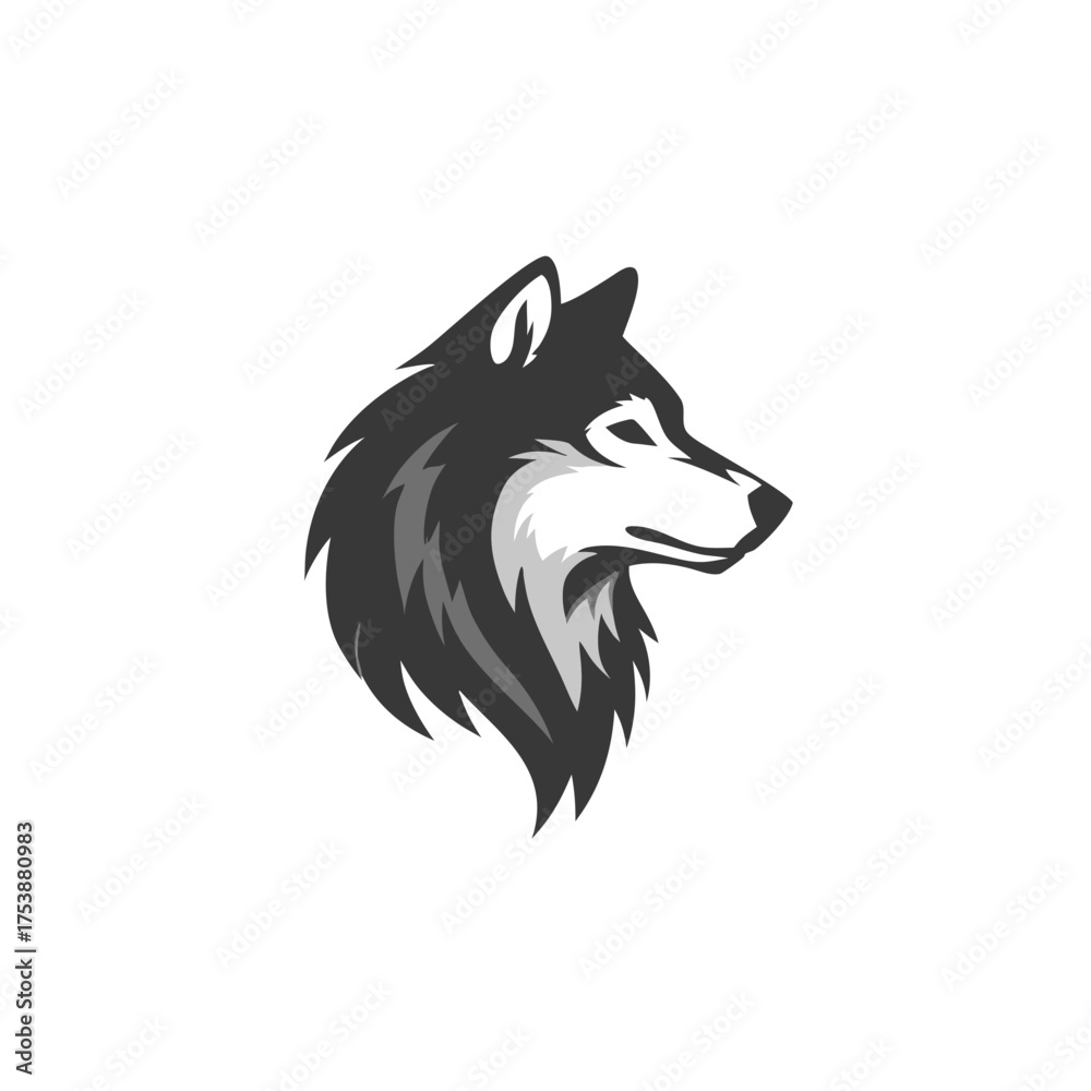 Naklejka premium Strong and fierce wolf head profile illustration, stylized black and white graphic design concept for a powerful mascot or emblem