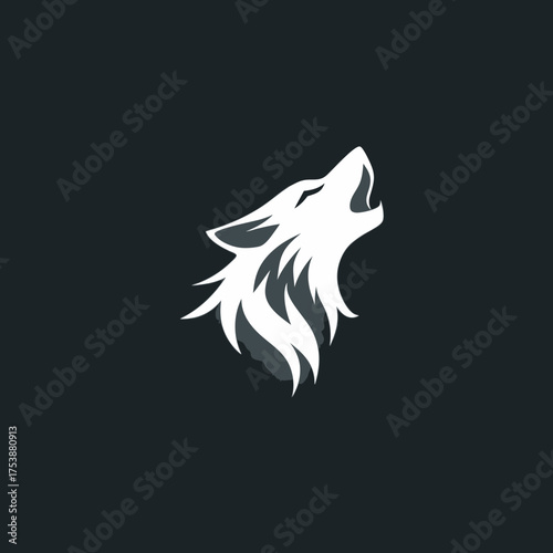 Stylized white wolf head howling vector illustration on dark background, majestic wild animal graphic design element, strength symbol