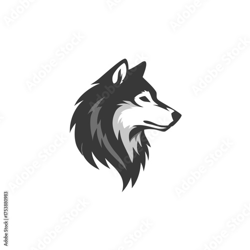 Strong and fierce wolf head profile illustration, stylized black and white graphic design concept for a powerful mascot or emblem