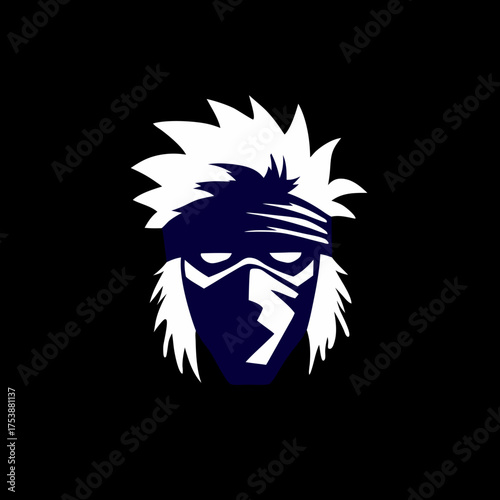 Striking graphic icon of a masked figure with spiky hair and a bandana on a black background, conveying mystery and stealth.