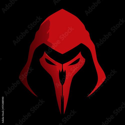Mysterious Red Hooded Figure Vector Illustration with Dark Mask, Enigmatic Character Design for Gaming, Fantasy, and Abstract Concepts