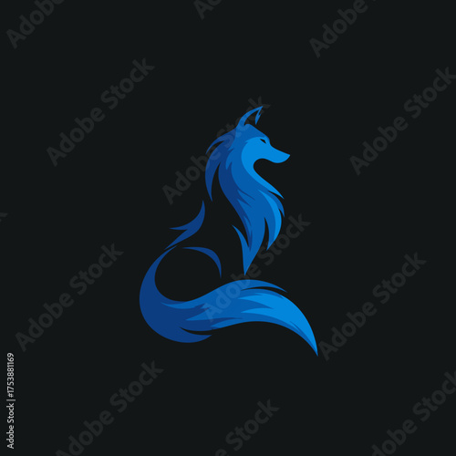 Elegant blue fox illustration, stylized abstract animal design with flowing fur and tail, gradient colors on dark background.