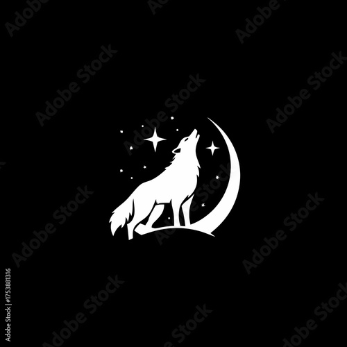 Mystical white wolf howling at a crescent moon with twinkling stars against a dark night sky silhouette vector graphic.