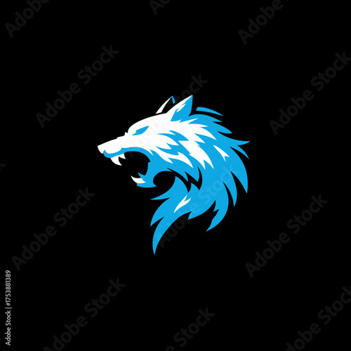 Stylized blue and white wolf head vector logo with open mouth and sharp teeth, fierce animal graphic design for gaming, esports, or team mascot.