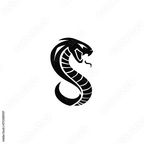 Powerful black cobra snake icon, aggressive reptile silhouette with fangs and open mouth, venomous serpent symbol, modern wildlife design.