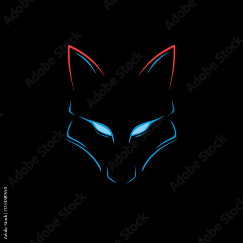 Mysterious glowing blue eyes fox face vector art. Dark animal head silhouette with neon light outline design.