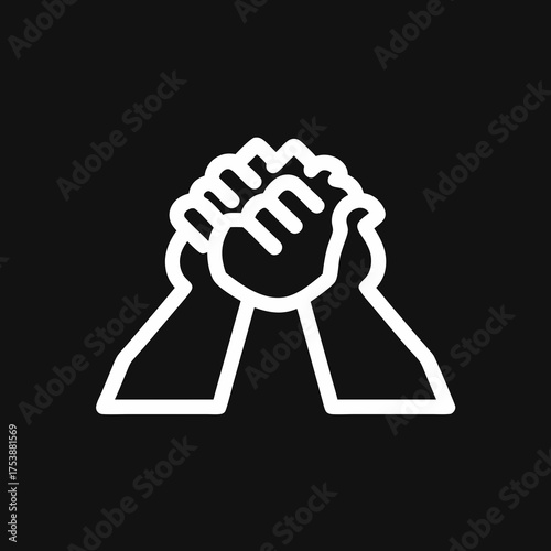 Strong hands clasped together, symbolizing unity, partnership, strength, challenge, agreement, or cooperation. Simple vector icon on black.