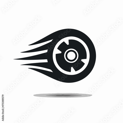 Dynamic speeding wheel icon vector. Black and white graphic symbol for fast delivery, quick transport, automotive industry, or rapid service.