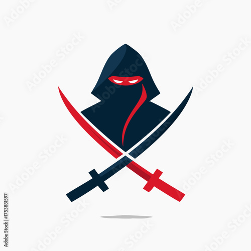 Stylized ninja warrior illustration with crossed swords, modern dark hooded assassin graphic, red and black martial arts character design concept.