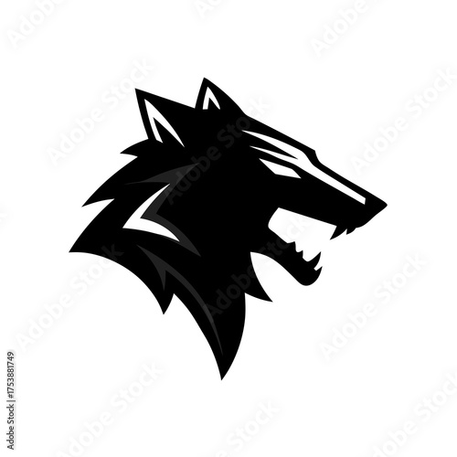 Aggressive black wolf head logo design with sharp teeth. Stylized powerful animal symbol, predatory icon, strong wild nature vector graphic.