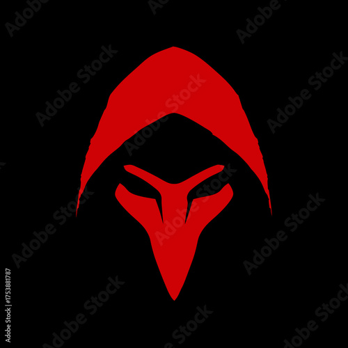 Dark Red Hooded Figure Icon, Stylized Mask Silhouette on Black. Mysterious and Ominous Graphic Design.