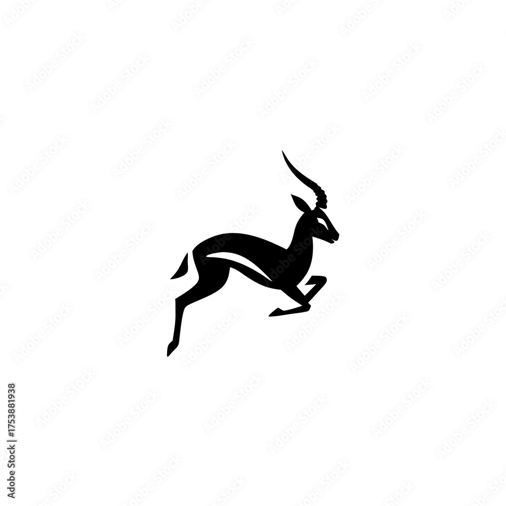 Obraz premium Graceful black gazelle silhouette leaping illustration, minimalist vector design of an agile African antelope in motion.