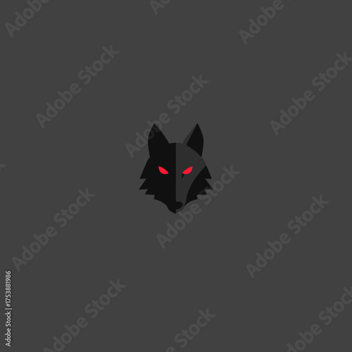 Stylized black wolf head icon with glowing red eyes on a dark background. Minimalist geometric vector illustration of a powerful predatory animal.