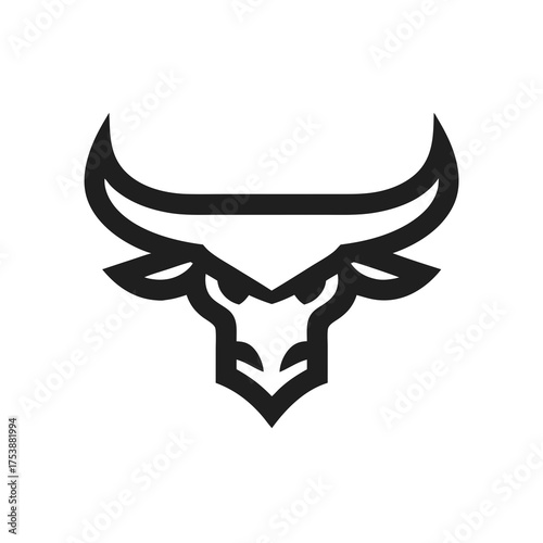 Strong bull head vector logo icon, minimalist geometric black outline illustration, symbol of power, strength, and determination.
