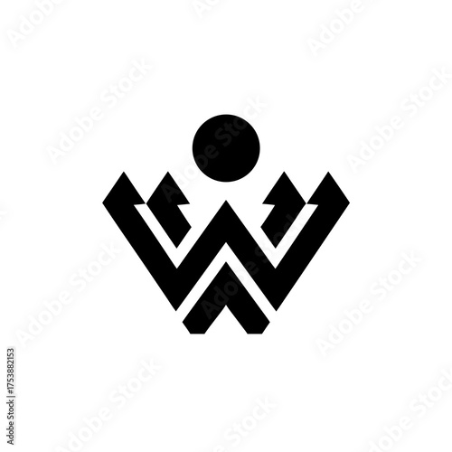 Abstract black geometric icon resembling a crown, a triumphant person, or stylized mountain peaks on a white background