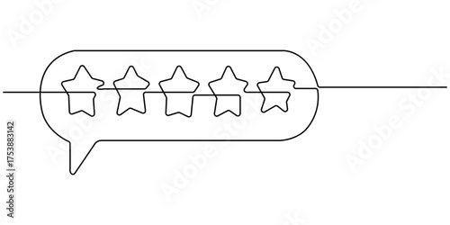 Continuous one line drawing of thumbs up with five stars, customer feedback rating, e-commerce buyer experience sketch