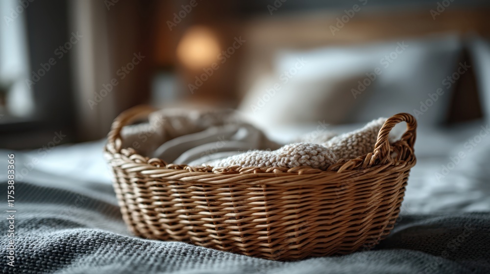 Obraz premium Newborn bassinet ready for baby cozy bedroom setting lifestyle photography warm atmosphere close-up view