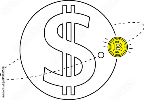 Bitcoin coin orbiting a Dollar symbol. Conceptual icon of the financial ecosystem and crypto vs. fiat relationship
