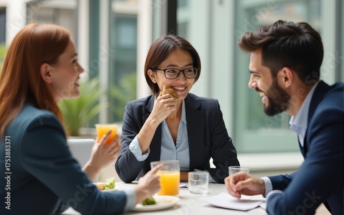 Happy business people having a lunch break outside office, Generative AI. High quality
