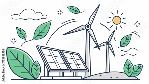 Clean Energy Future: Sustainable Power Generation with Solar Panels, Wind Turbines, and Green Nature Elements Illustration