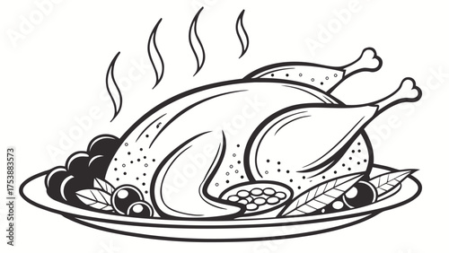 Steaming Roasted Turkey on Platter with Garnishes - Black and White Line Art Illustration for Holiday Meals