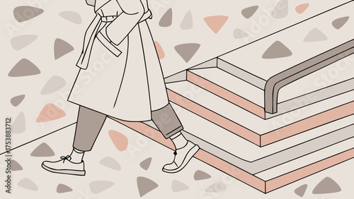 Modern Line Art: Stylish Person in Trench Coat Walking Up Terrazzo Stairs. Minimalist Urban Lifestyle Illustration