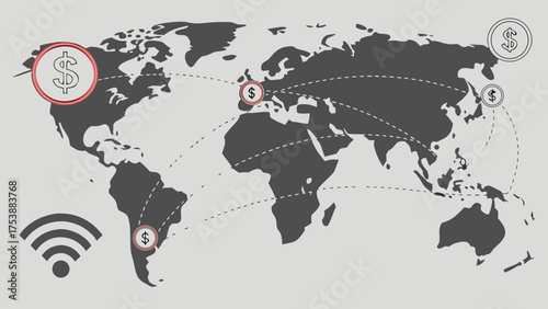 Global Financial Network Map with Currency Symbols, Dotted Connection Lines, and Wi-Fi for International Business, Money Transfer, and Digital Economy