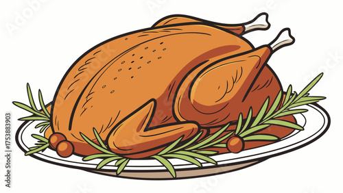 Delicious Holiday Roasted Turkey on Platter with Rosemary and Cranberry Garnish Illustration