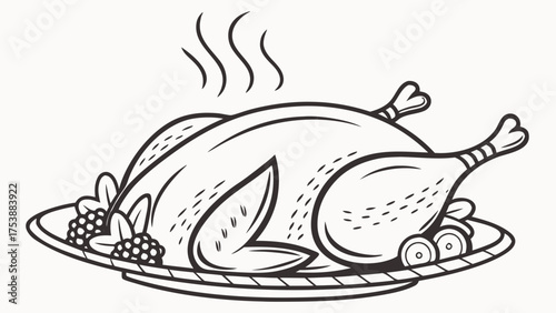 Steaming Roasted Whole Turkey or Chicken on Pl Platter Line Art Illustration for Holiday Dinner and Celebrations
