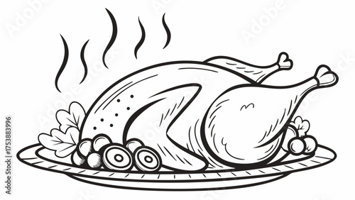 Steaming Roasted Turkey or Chicken on Platter - Delicious Holiday Meal Line Art Illustration for Dinner, Feast, and Celebration Concepts
