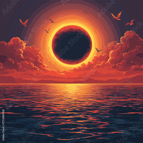A total solar eclipse over a calm ocean with birds flying and clouds in the sky at sunset time , vector style simple color