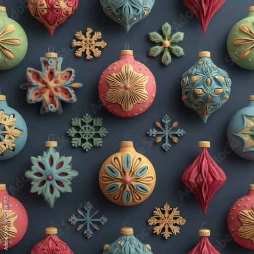 Geometric 3D Christmas pattern with repeating ornaments and snowflakes in seamless design perfect for textile fabric packaging wrapping paper holiday decoration and festive seasonal surface printing.