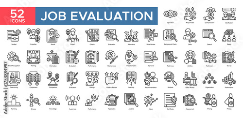 Job Evaluation collection set. Operation , Responsible, Evaluation, Result ,Verified, Performance ,Implementation, Skiils, icon. Simple outline vector illustration