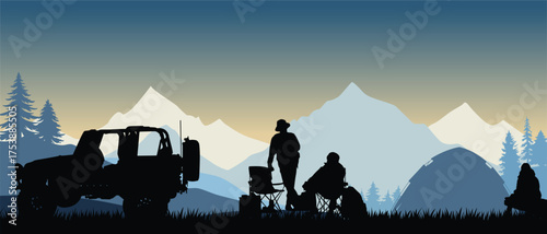 Winter camping adventure in mountain landscape silhouette