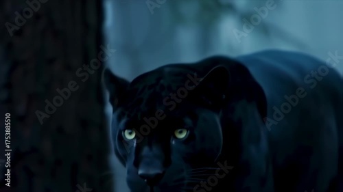 Close-up of a black panther in a misty forest