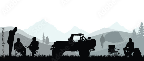 Winter camping adventure with off-road vehicle in mountain landscape