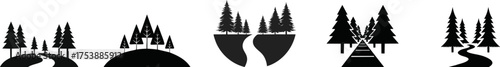 A series of black silhouette icons depicting trees, paths, and landscapes, evoking a sense of nature and adventure.