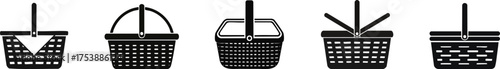 A series of five black and white illustrations of various basket designs, showcasing their distinct shapes and styles.