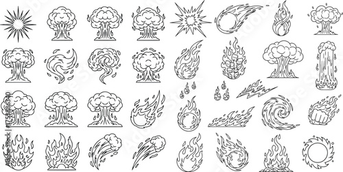  Set of fire flames and fire explosion line art vector illustration for coloring books, printing, video, clipart, and T-shirt design