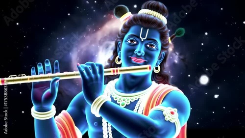 Krishna playing flute with cosmic backdrop.