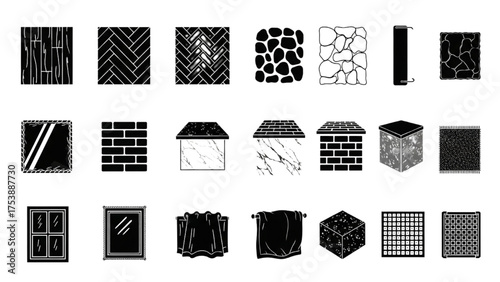 High-Quality Black Silhouette Vector Icon Set of Home Design Elements – Flooring, Wall Coverings, Countertops, and Decorative Surfaces for Modern Interiors