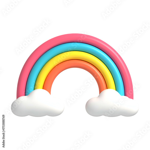 Cute 3D rainbow arch with fluffy clouds against a black background.
