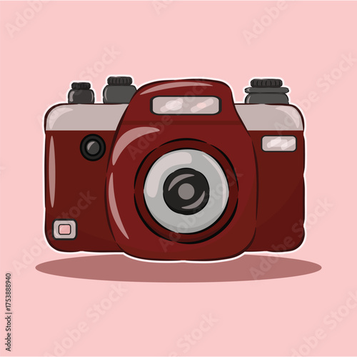 Illustration of a red digital camera with lens and flash in a cute cartoon style