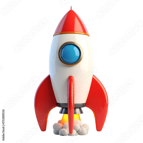 Retro rocket launches with fiery exhaust against black background.